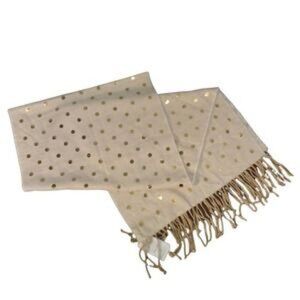 Lands End Gold Metallic Polka Dot Fringe Beige Scarf
